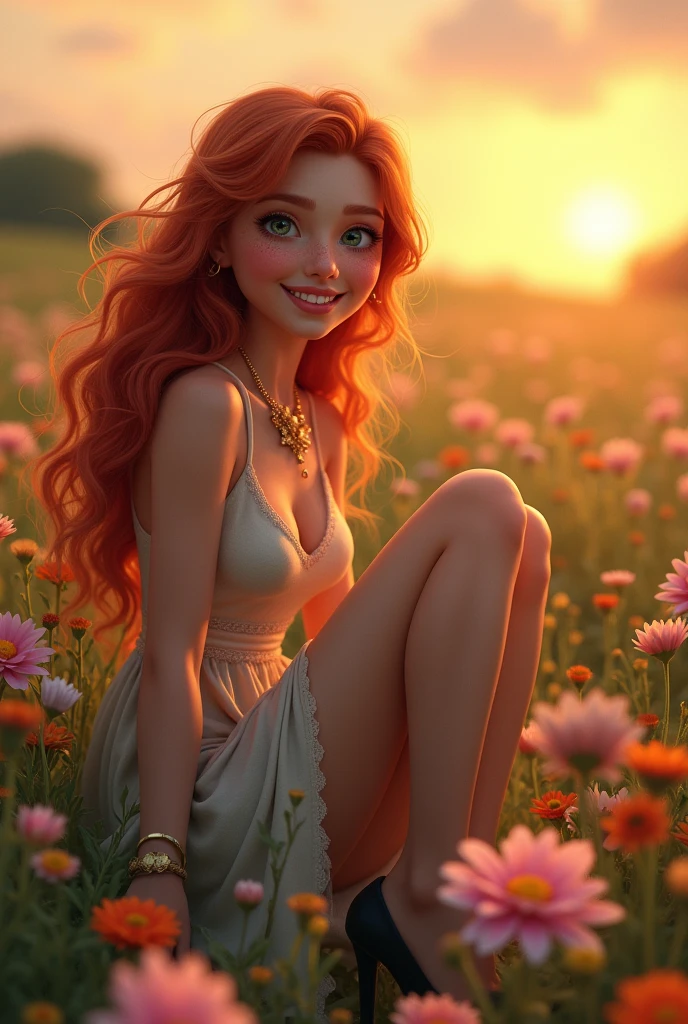 white with some freckles,long wavy red hair, with bangs, dark blue eyes with long eyelashes, Grinning, body skinny, with long dress, wearing black heels, wearing a gold bracelet, with a golden flower necklace, in a field of flowers at sunset