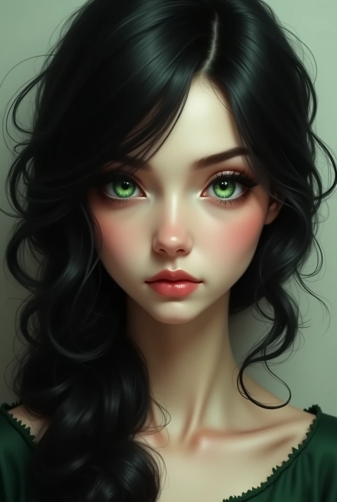 Green-eyed white woman with black hair 
