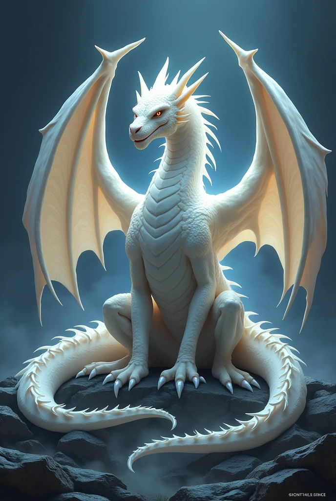A majestic white dragon with large wings, sitting on a rocky throne. The dragon looks calm but powerful, with an intense gaze. The background is dark and dramatic, highlighting the dragon’s glowing white scales. The text around the dragon says, ‘I AM NICE UNTIL YOU GIVE ME A REASON NOT TO BE.’