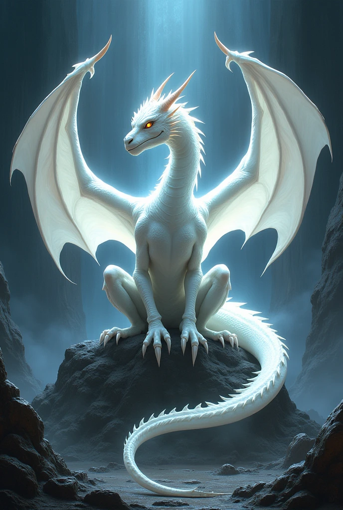 A majestic white dragon with large wings, sitting on a rocky throne. The dragon looks calm but powerful, with an intense gaze. The background is dark and dramatic, highlighting the dragon’s glowing white scales. The text around the dragon says, ‘I AM NICE UNTIL YOU GIVE ME A REASON NOT TO BE.’