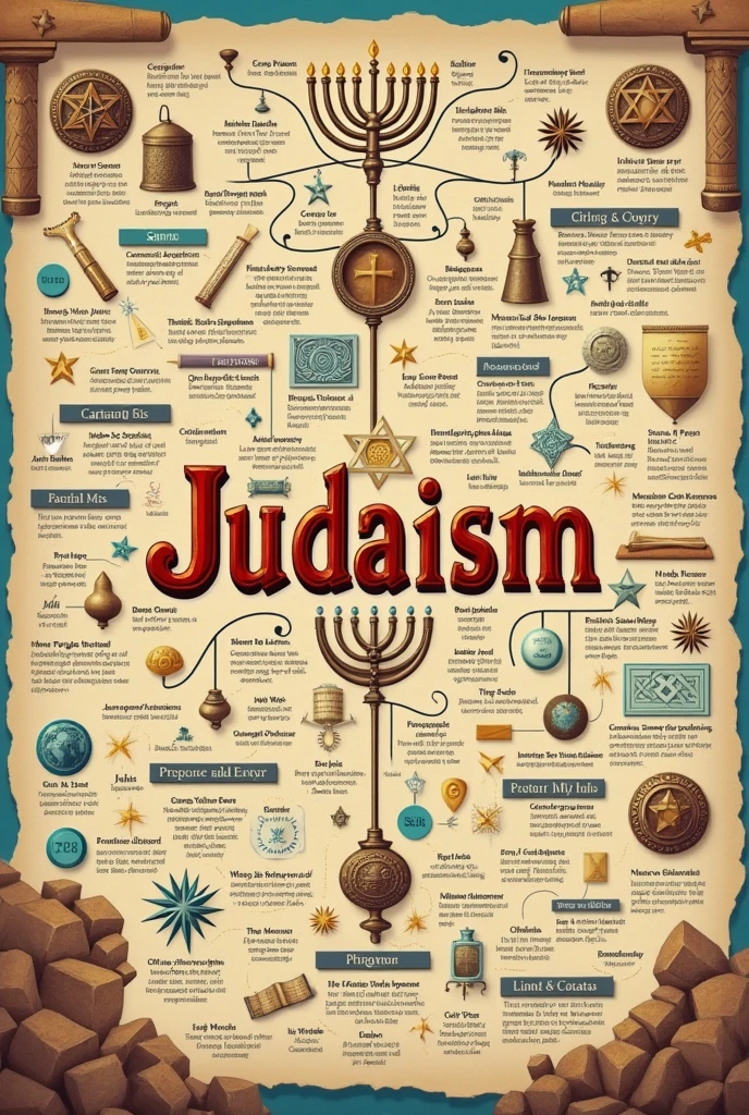 created a mind map image about Judaism with the symbols,and in the middle written Judaisms in letters from the region of Canaan and Judea, in addition to providing information about this religion, the image has to be horizontal