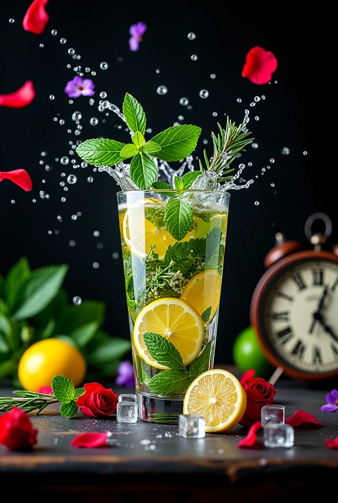 (Movie-like photos:1.3) of (Realistic:1.3) a studio shot of a (explode:0.2) (Low gravity of fruit:1.1) (Splash:0.9) A glass of water with lots of herbs, ミントとbasilとrosemary、Contains lemon and lime, Splash Image, Full Color, In Kamba, splashes of liquid, Drink, Mint and basil and flower, Next to lemon and lime and flower, Strong colors, ticker, Invoking joy, Water swirls, Fred Marcellin, Top selection when splash is removed, professional food photography, Artistic photography. Black background，Red and purple flowers on the table、basil、rosemary、Herbs fly、Sparkling ice in a glass，Ice in a glass、Flowers in a glass，Fantasy，steampunk、A retro clock is beside it，The ice is round、Rose petals fluttering、splash、No orange，