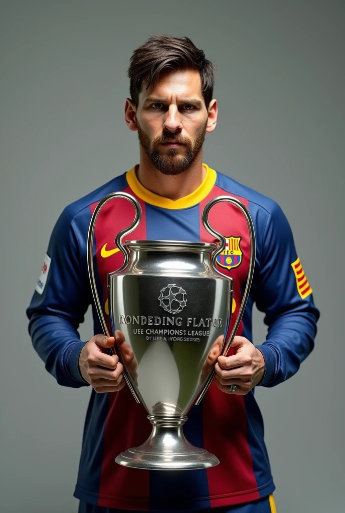 Display model of Lionel Messi wearing Barcelona kit, holding the UEFA Champions League trophy.