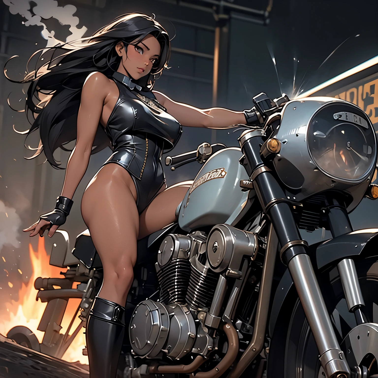 nsfw, anime screencap, 16K, perfect anatomy proportion body, perfect hands, NUDE, action, A dynamic composition with a sense of speed and movement, (Ride a steam engine motorcycle:1.6), a wife, 40age, perfect beautiful delicate sexy face, perfect beautiful delicate eyes, braid-in-braid black hair, (dark skin:1.6), huge breasts, abs, hairy female pubic hair, Wearing an elaborate chainmail breastplate and loincloth, desert, Post-apocalyptic,