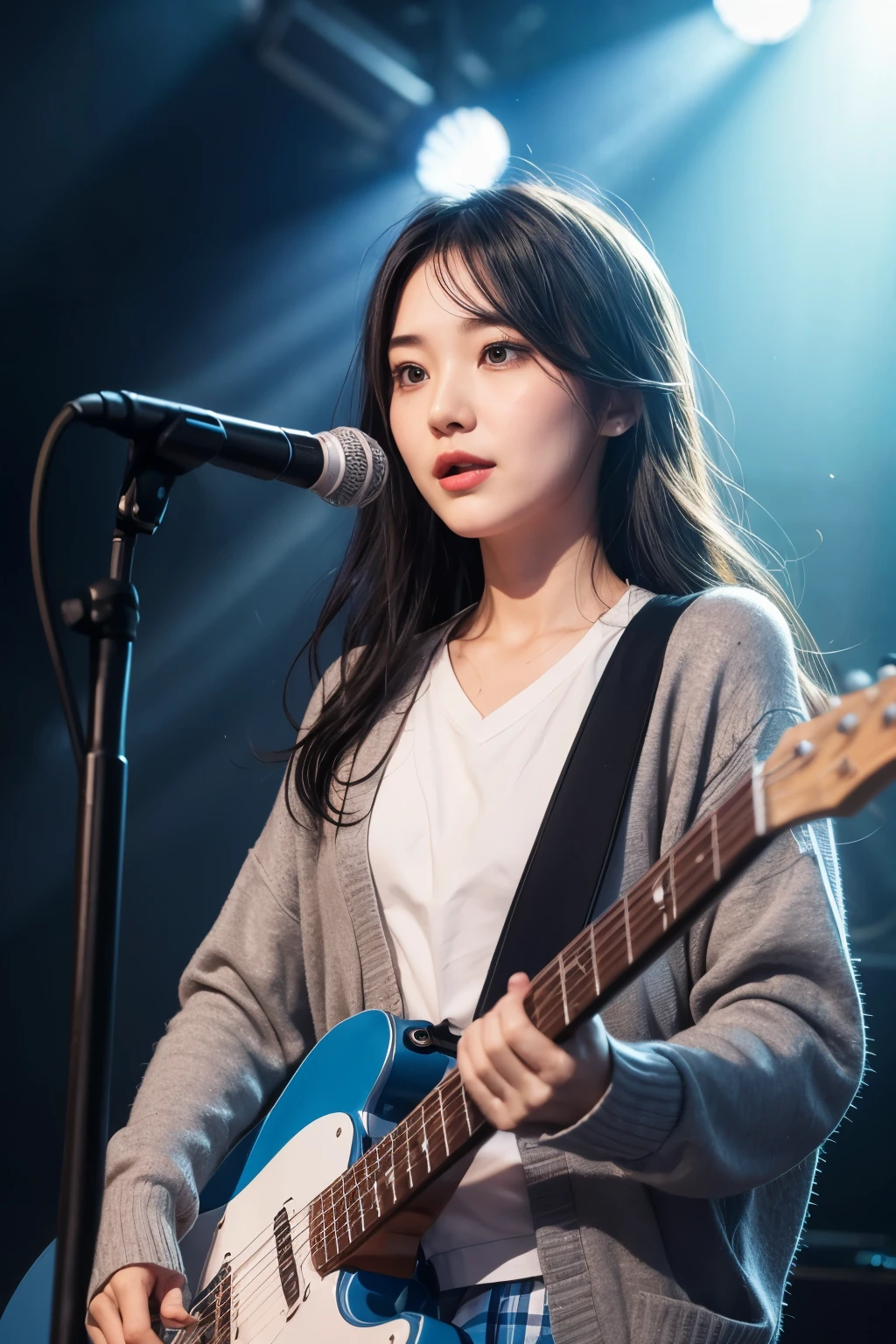 realistic, playing blue electric guitar, on the stage of the concert, brightly lit by spotlights on the stage, extremely bright lighting, playing emotinally, wearing gray cardigan and white shirt, wearing blue skirt, very long and slightly bluish black hair, hair is blowing in the wind, hair is shaggy and dishevelled, beautiful white-colored translucent skin, sweat splashes, slendar figure, slightly tall, slim and small face, beautiful neck, natural makeup, shaped nose, smooth shaped jawline, glossy face, heavy flushed cheeks, serious look, a little adult-like charm, close up shot