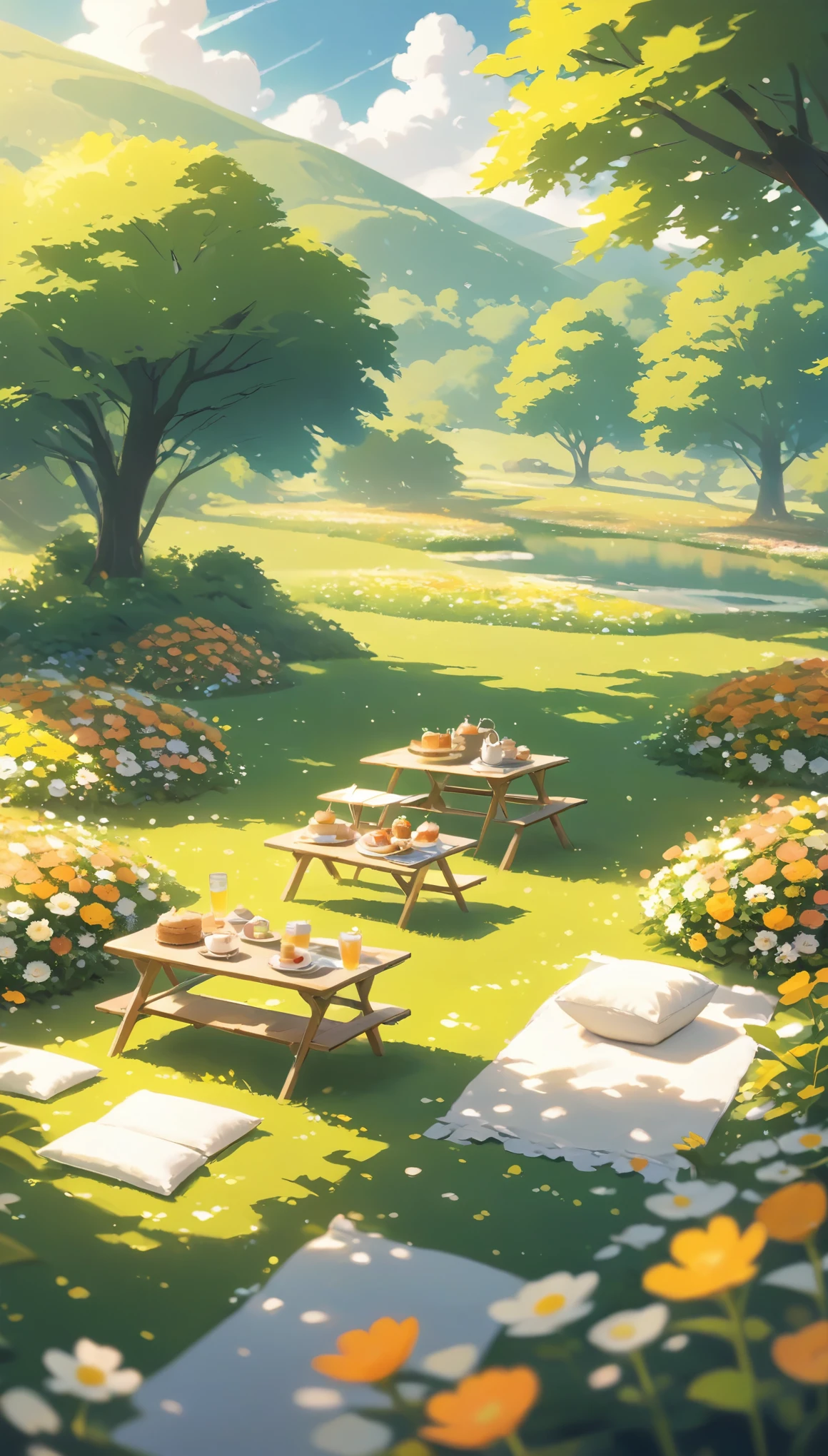 Panoramic view, afternoon tea, Warm flower garden,Pink orange ,picnic , There are no human characters.,No people