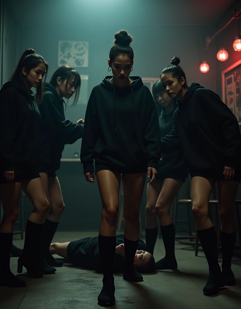 a dark-skinned woman with her hair in a bun, wearing a black hoodie, standing in a club room with 5 other people - 3 Asian men and 2 women, all wearing black shorts, long black socks, and no shoes, stomping on a face with socked feet, dark moody lighting, cinematic composition, gritty urban aesthetic, extremely detailed, high resolution, photorealistic
