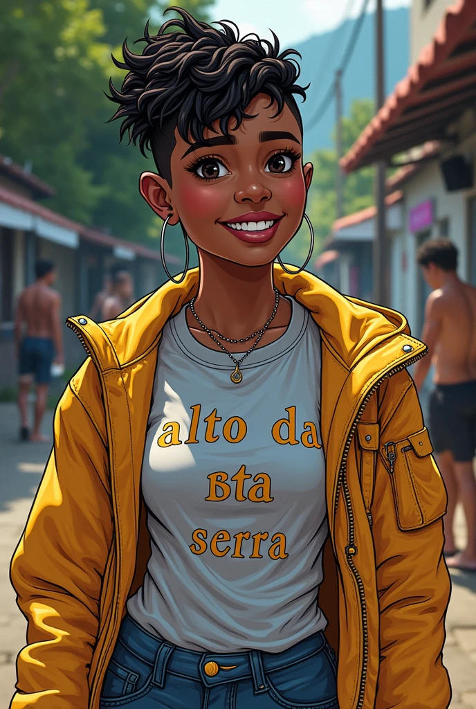 comic book style 20 year old black woman with styled hair and undercut with black eyes she is happy and spontaneous kind of dyke she is also very sporty, excellent swimmer wearing a summer camp t-shirt that says Alto da Serra kind of dark academia dc comics style dc comics style
