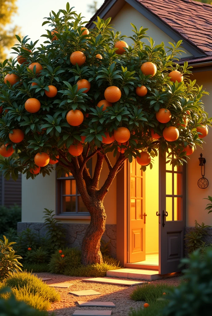 Orange tree in the backyard at dusk with a house with the door open