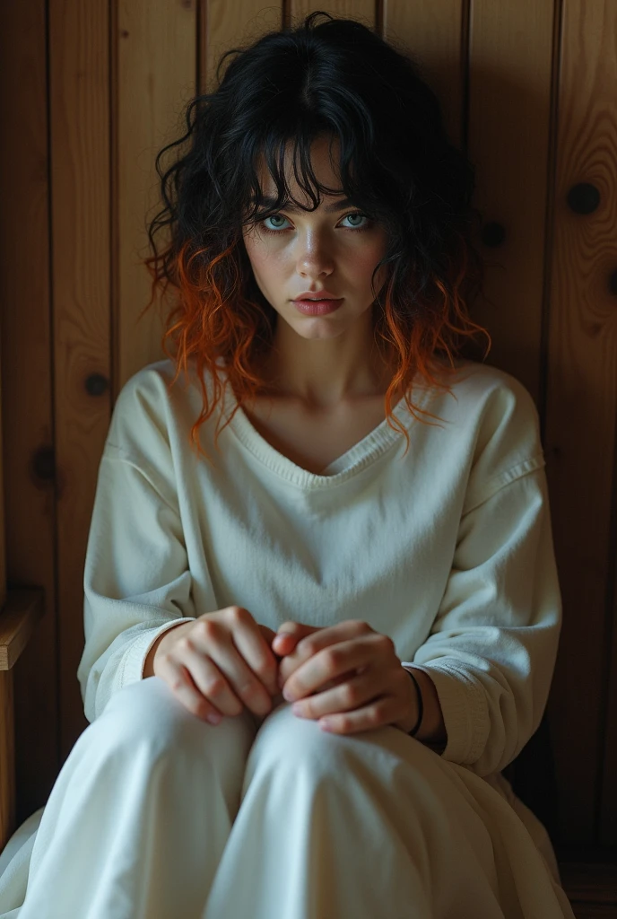 Create an image: a beautiful girl sitting on a chair with her legs and wrists tied, she has black hair, curly and big and some orange highlights,Her eyes are blue and she is wearing white clothes covering her entire body. She is in a wooden room.