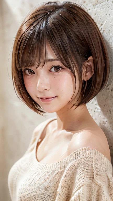 Highest quality, Face Focus, Soft Light, Ultra-high resolution, (Realistic:1.4), RAW Photos,One of the Japan, alone, cute, (pupil, light in your eyes),  Beautiful face in every detail, (),(High resolution detail of human skin texture),(Bobcut)、Loose and fluffy hair、freckles、Messy hair、indoor,Knitted sweater、sheer、Small breasts、(Portraiture)、Leaning against the wall、smile、blush