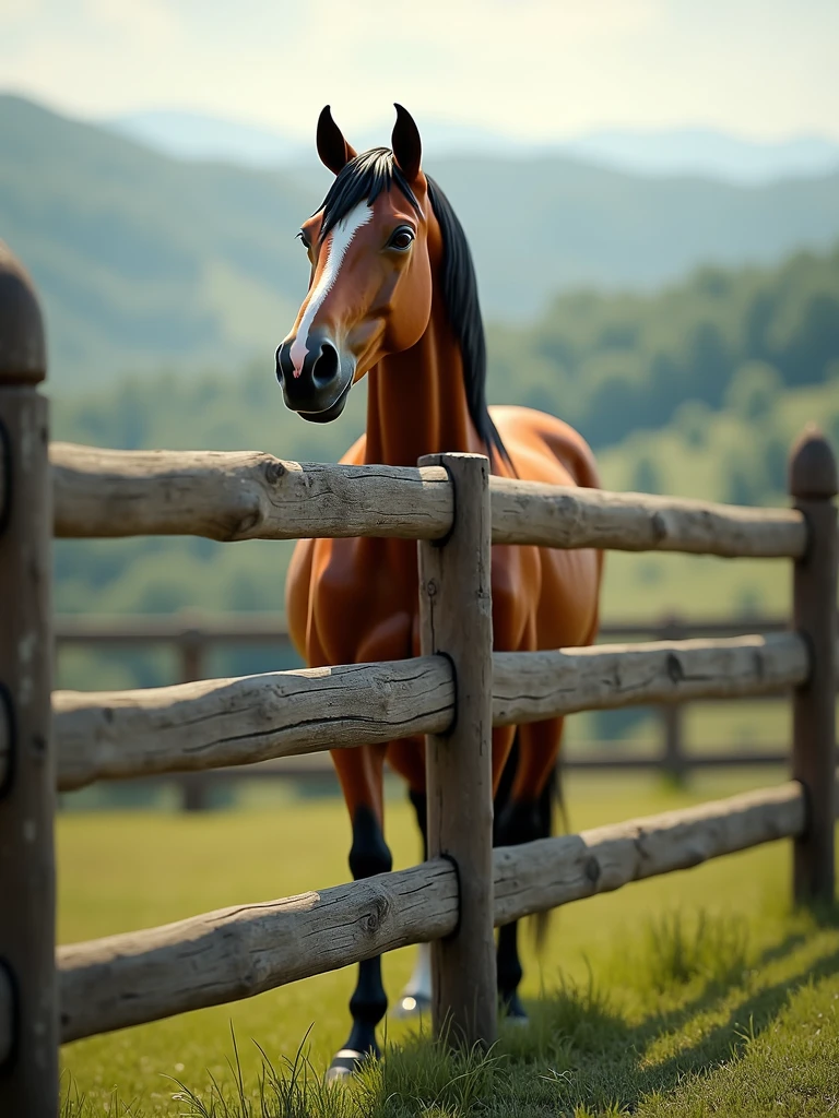 a three rail equstrian fence with a beautiful horse behind it. photo realistic, 32k, ultra real