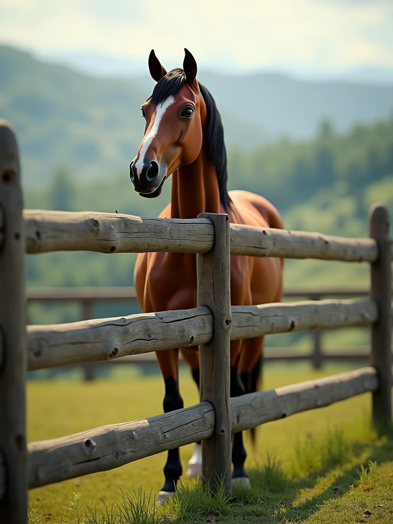 a three rail equstrian fence with a beautiful horse behind it. photo realistic, 32k, ultra real