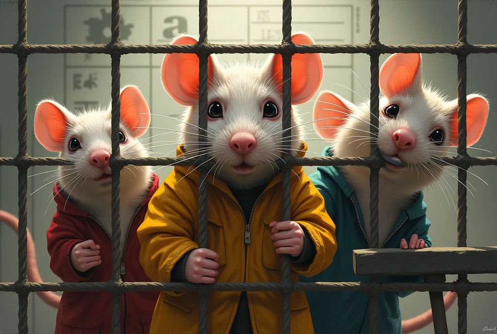 Several rats trapped, Behind the grid, working on a work routine, with a street sweeper's outfit, another in a mechanic's outfit and another in a cleaner's outfit, with tears falling from the eyes, work card in the background