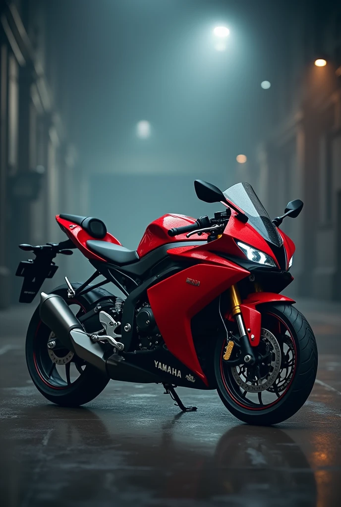 Yamaha R15 version 4 red colour bike side full view with a mud foggy background