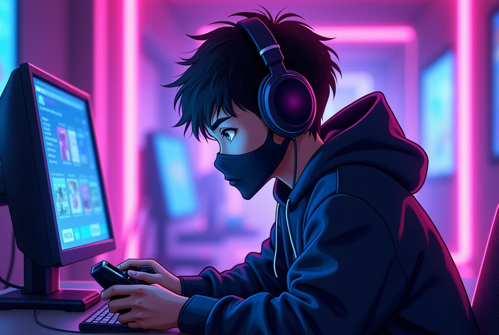 ((best quality)), ((masterpiece)), ((anime)), ((cartoon)),A 20 year old young boy wear black colour cloth mask on face and headphones and playing game in his video game device his purple and blue neon background, white neon outline on his body 