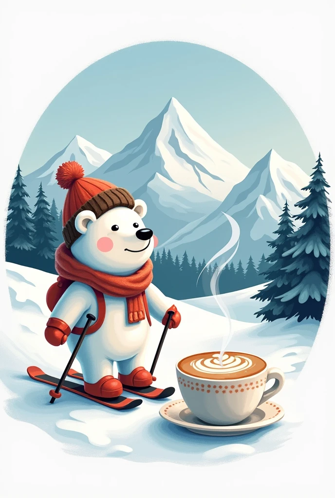 Logo « Polar Café »
Montagne enneigées café latte ours polaire ski
Realiste