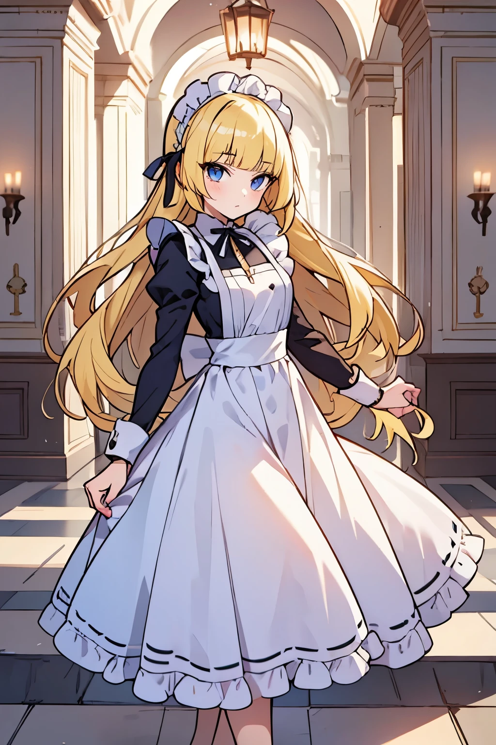 solo girl, (young female body:1.4), ( medium small breasts), knee length hair, yellow long hair, voluminous wavy very long yellow hair, extra long disheveled yellow hair, hime cut, light blue eyes, dynamic posing, castle hallway background, marble pillars and marble wall, victorian dark blue maid dress, white head wrap, long maid dress, long sleeve, maxi long maid dress