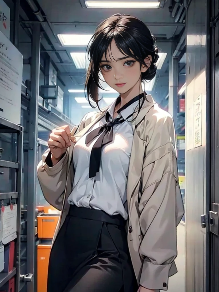 One adult woman with narrow eyes,career woman,Office Lady,Business suit,ブラウス,Jacket,ribbon,Tight skirt,pumps,lawyer,cool,gauze, Chanel,Forehead,Anatomically correct, accurate, masterpiece, Highest quality, Winner of numerous awards, Textured skin, retina, retina, Black Hair, Half-up hairstyle, solemn, Column Lineup,Cinematic light effects, Anime Style, Japanese illustration style, Half-up hairstyle, Very adult