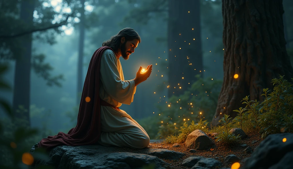 Jesus prayed on a rocky outcrop at dusk, beautiful fireflies near his hands illuminating his surroundings, captured in a triadic palette, ultra-fine detail, atmospheric forest setting, captured with shallow, cinematic depth of field.
