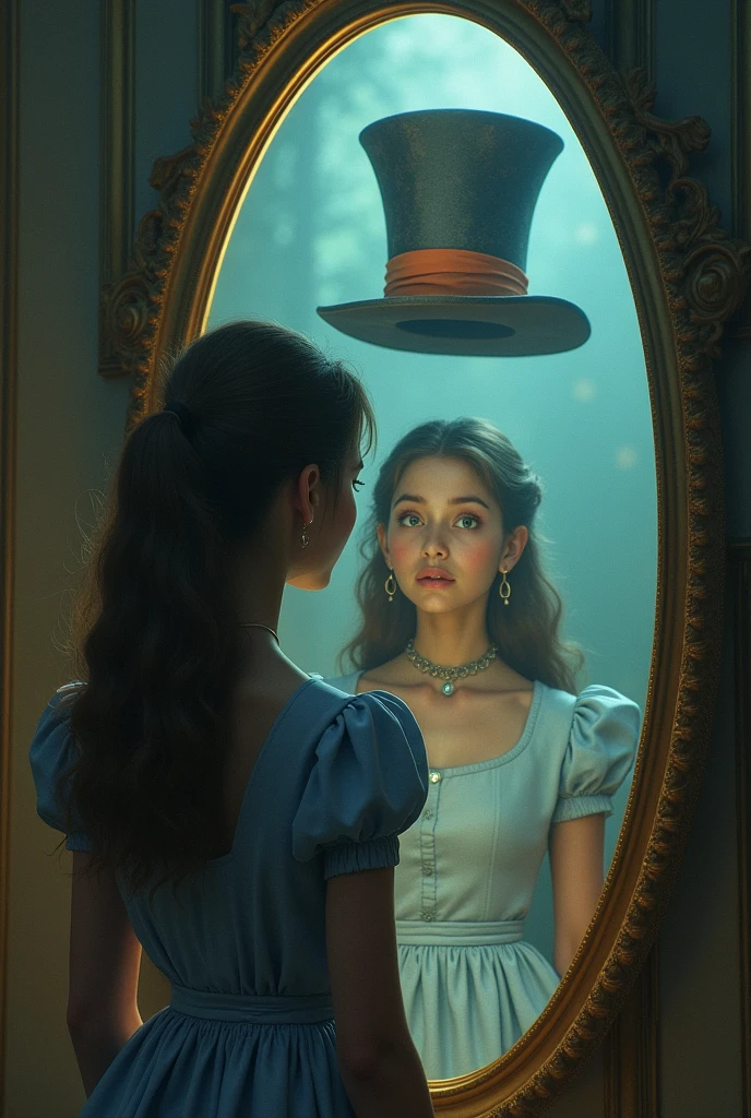 Alice in Wonderland behind the mirror and the hat behind the mirror, brunette woman