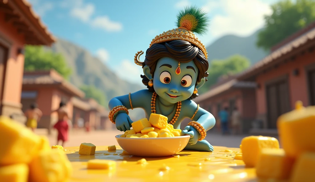 Generate in cinematic 3d cartoon style कृष्ण जी चोरी कर कर खा रहे हैं माखन
