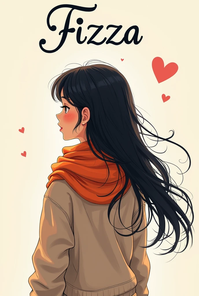 A pic of an animated girl shows her back wearing scarf and a name fizza write on above of her in a stylish manner