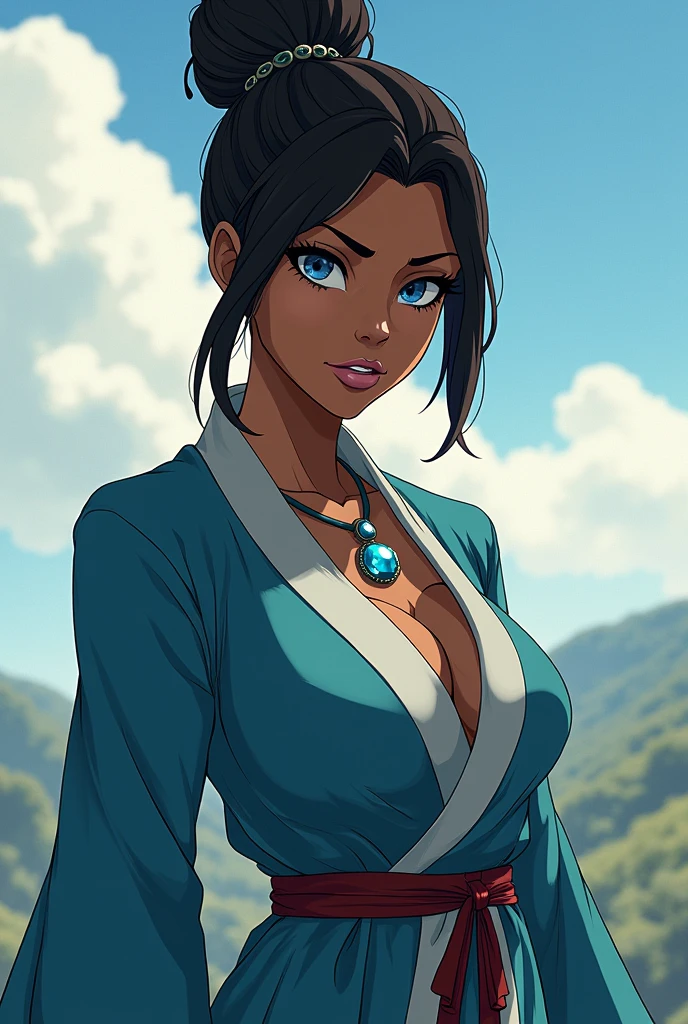 Avatar Korra from "the legend of korra" wearing an air nomad&#39;s robe, black eyeliner around the eyes, light blue lipstick on the lips, hair tied in a bun with a black stone flower securing the hairstyle, anime styling, black female, Age of Avatar, darkskin, blue colored eyes, make-up, blue jewel necklace, muscular woman.