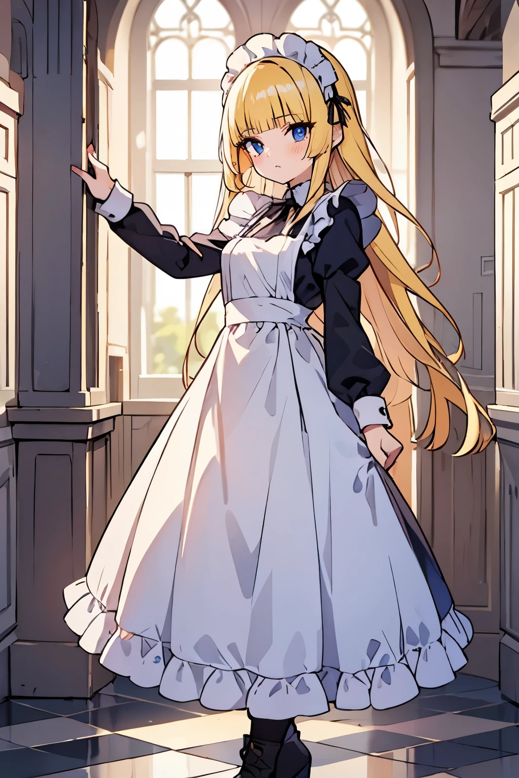 solo girl, (young female body:1.4), ( medium small breasts), knee length hair, yellow long hair, voluminous wavy very long yellow hair, extra long disheveled yellow hair, hime cut, light blue eyes, dynamic posing, castle hallway background, marble pillars and marble wall, victorian dark blue maid dress, white head wrap, long maid dress, long sleeve, maxi long maid dress