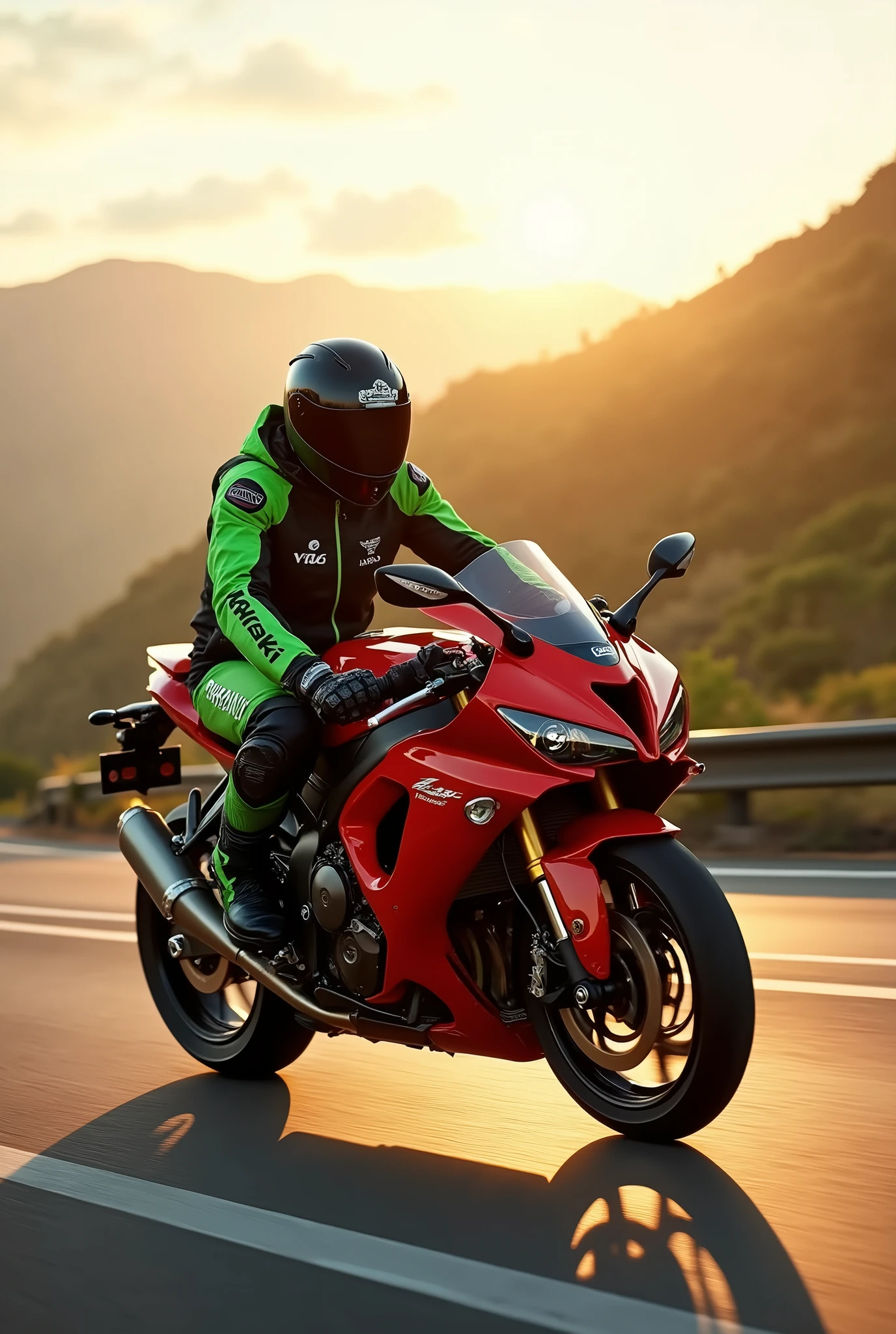 A biker with VR46 Jacket Green and Black full protection gear, Kawasaki H2RS Candy Red Bike, crusing on a hilly highway, dawn time, sun through clouds, spring season