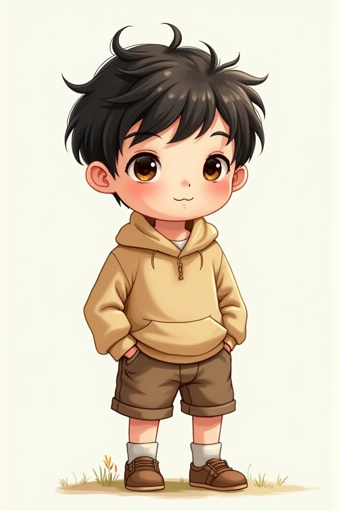 Draw me a child, boy that's , using the children books style of art. This boy should have a simple clothing. The eyes is color brown and black-haired. the art style should be like a water color art style that can be found in most children's book.