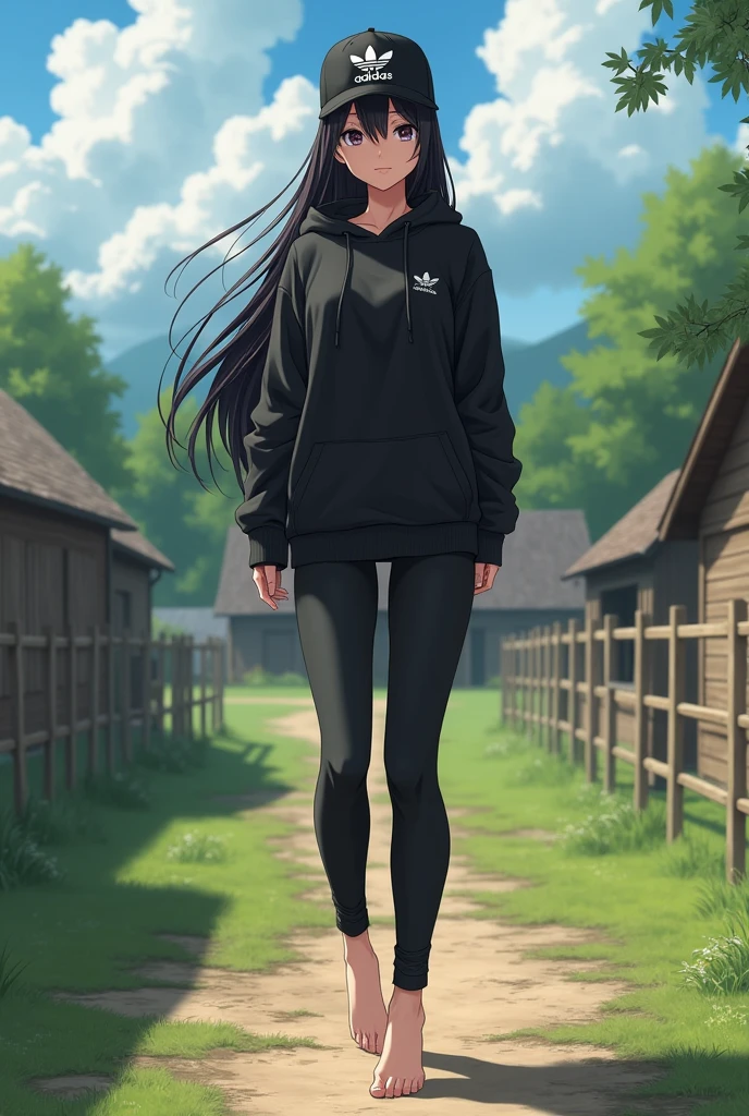 sexy tall anime girl, long black hair, black eyes, barefoot, wear black adidas cap, wear black adidas hood, wear black adidas hot pants, background is farm