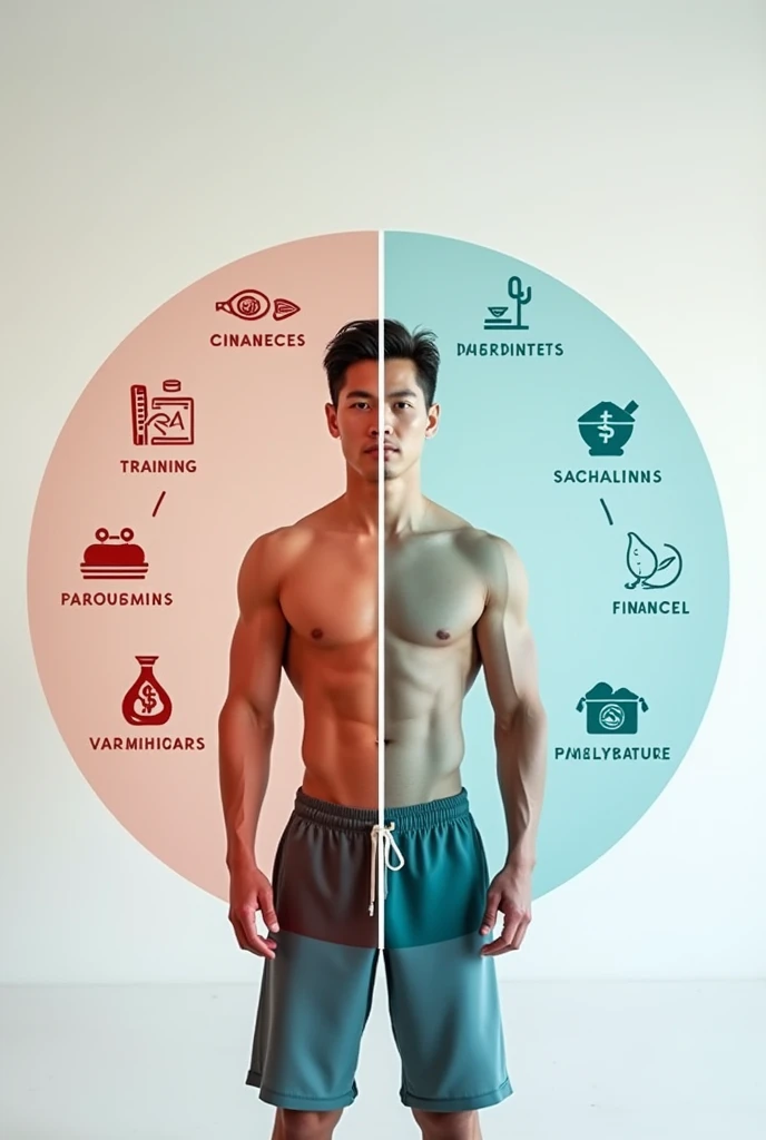 Photo with 3 divisions, training, diet and money
