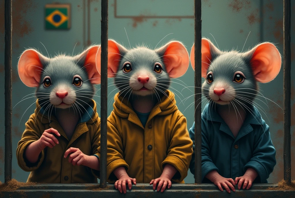 Several rats trapped, Behind the grid, working on a work routine, with a street sweeper's outfit, another in a mechanic's outfit and another in a cleaner's outfit, with tears falling from the eyes, work card with the Brazilian flag in the background