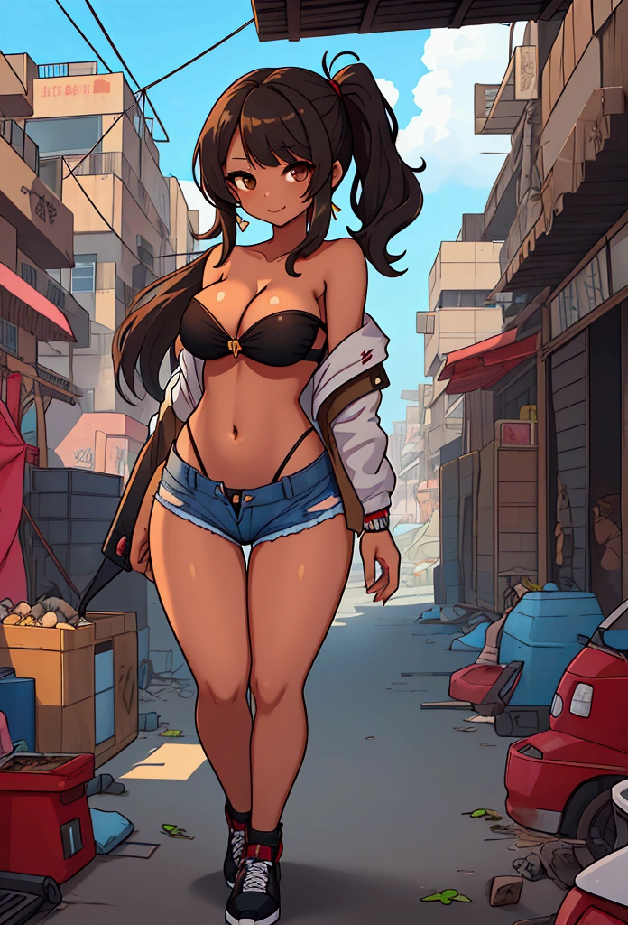 1girl,gyaru,bishoujo,Southeast Asia,,brown_skin,tan,skinny,thin,inverted triangle face,oval face,black hair,straight_hair,medium hair,brown eyes,just shoulders,collarbonea,big Breasts,underboob,Cleavage,big breasts,cleavage,narrow_waist,Slender_waist,midriff,belly,navel,strapless_Bikini,Bikini_top_only,Side_slit,micro_shorts,shorts,hot_pants,denim_shorts,open_fly,torn_pants,torn_shorts,torn_jeans,just_Legs,sneakers,smile,huge filesize,In summer,day,shanty town/slum,Under_bridge,city,crowd,tropical zone,panorama,Wide_shot,full_shot,midriff_peek,pussy_peek,looking_at_viewer,messy hair,No underwear