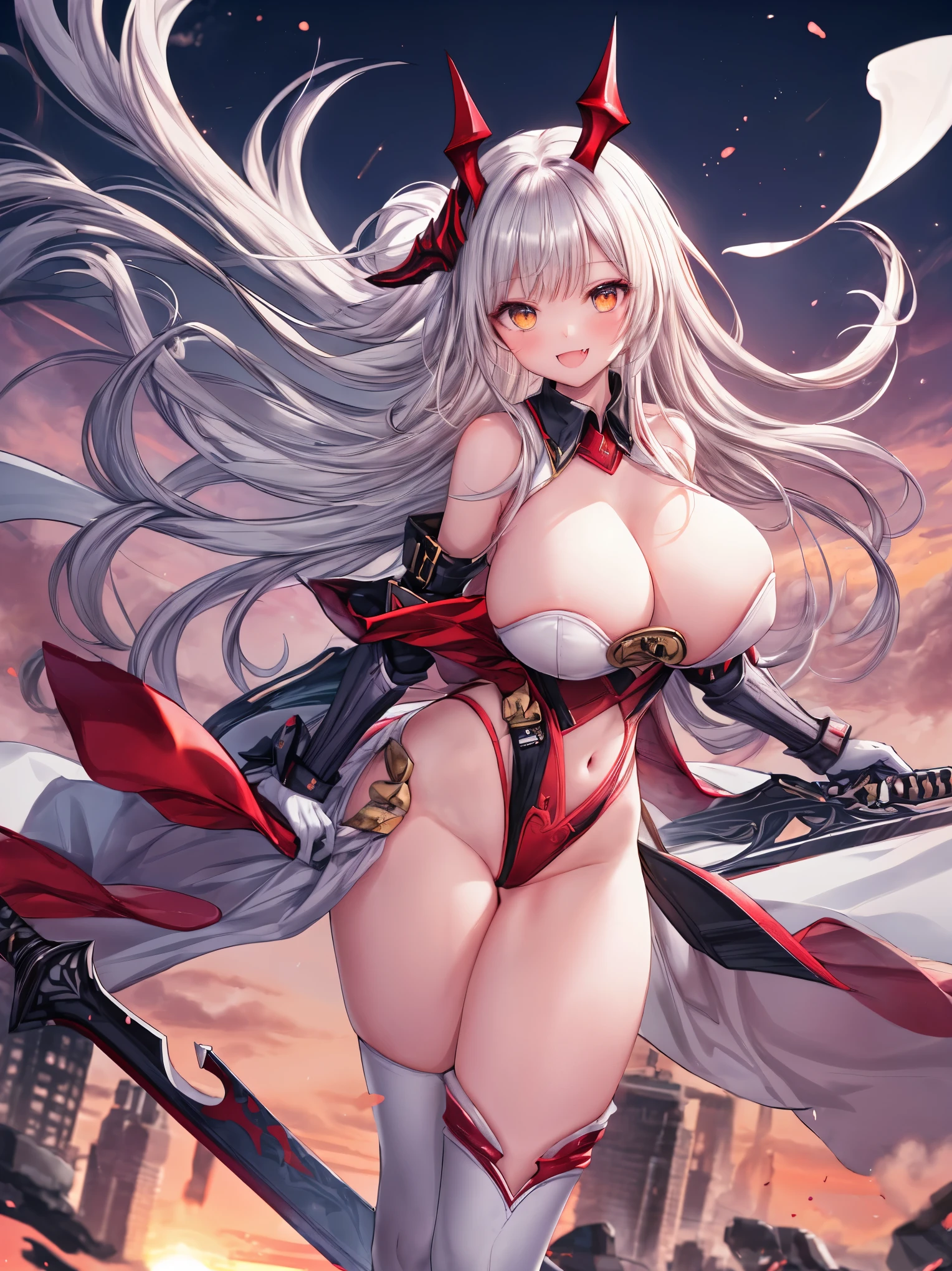 fantasy, 1devil_girl, low_, platina_blond_hair,long_bangs, bare_shoulder, navel out, thighhighs,silver_armor, red_leotard,waist_armor, Glebe, hold_swords, gigantic_tits, dynamic_floating_pose,Floating,(pelvic_curtain:1.3), silver_Headgear ,looking_down_at_sunrise_city_sky_background,,slightly_spread_legs,solo,horn ,smile,,open_legs,open_arms,rise_knee,rise_leg,rise_thigh,rise_leg,apart_legs,fang,Shiny_gold_eyes,crotch,large_thighs
