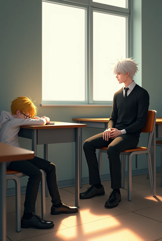 A quiet classroom in the morning, with soft natural light streaming through the windows. Jab, a skinny boy with a distinct appearance, is lying down on his desk, appearing tired or sleepy. He has short, yellow hair that contrasts with his black-framed glasses. He’s dressed in a crisp white long-sleeved shirt, neatly tucked into black pants, with a black tie and polished black leather shoes, completing his sharp and clean look. His head is resting on his arms. Next to him, Jam, a young man with a well-defined physique and striking white hair, is sitting upright in his chair, attentively watching Jab with a concerned or curious expression. Jam is dressed in a black sweater without a zipper, layered over a white long-sleeved shirt. His attire is completed with a black tie, black pants, and polished black genuine leather shoes. The clean lines and sharp details of his outfit contrast elegantly with his white hair. The classroom is empty, with no other students or teachers present. The desks and chairs are arranged neatly, and the scene has a peaceful, almost serene atmosphere, with soft lighting highlighting the details of both Jab’s and Jam’s unique features and attire.(hyperrealistic) with 16:9 image size