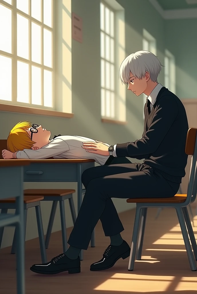 A quiet classroom in the morning, with soft natural light streaming through the windows. Jab, a skinny boy with a distinct appearance, is lying down on his desk, appearing tired or sleepy. He has short, yellow hair that contrasts with his black-framed glasses. He’s dressed in a crisp white long-sleeved shirt, neatly tucked into black pants, with a black tie and polished black leather shoes, completing his sharp and clean look. His head is resting on his arms. Next to him, Jam, a young man with a well-defined physique and striking white hair, is sitting upright in his chair, attentively watching Jab with a concerned or curious expression. Jam is dressed in a black sweater without a zipper, layered over a white long-sleeved shirt. His attire is completed with a black tie, black pants, and polished black genuine leather shoes. The clean lines and sharp details of his outfit contrast elegantly with his white hair. The classroom is empty, with no other students or teachers present. The desks and chairs are arranged neatly, and the scene has a peaceful, almost serene atmosphere, with soft lighting highlighting the details of both Jab’s and Jam’s unique features and attire.(hyperrealistic) with 16:9 image size