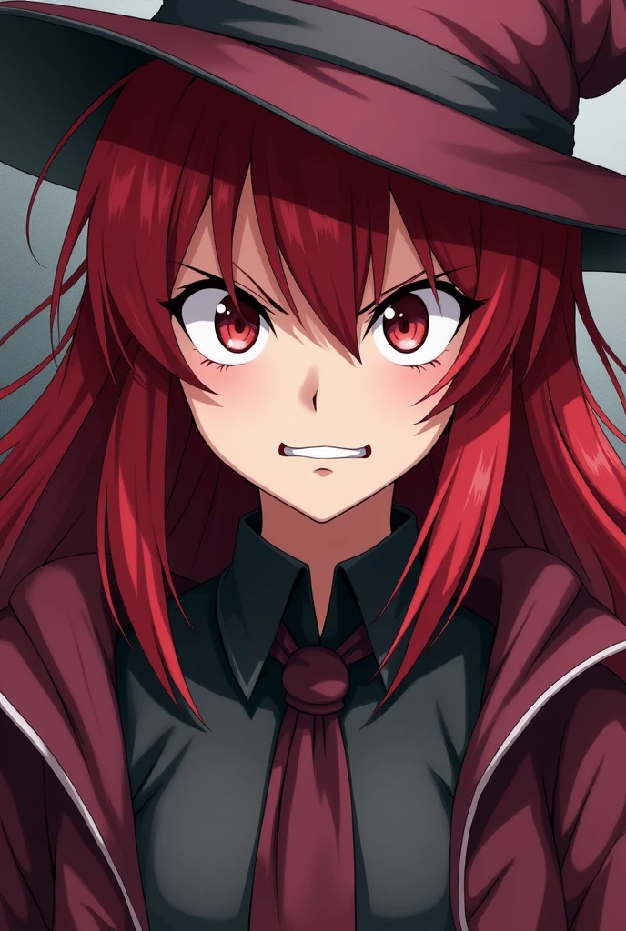 Anime, Witch, Smuggy Face, Angry, One girl, Red haired, Arrogant, Demanding face, not soft face, very angry, Empty eyes