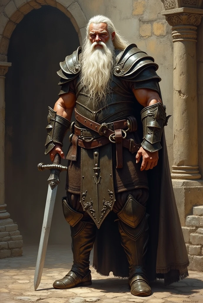 Create a painting of an old medieval warrior with a long beard and long white hair strong and muscular and serious 