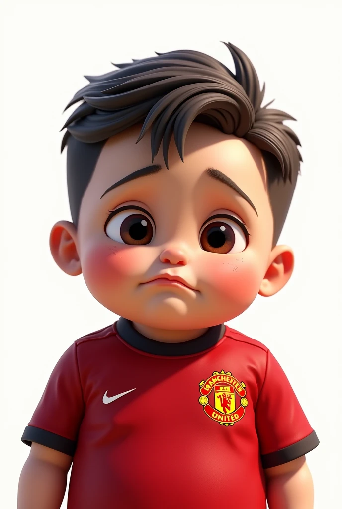 a cute chubby boy,1boy,manchester united jersey,sad expression,funny realistic style,white background,(best quality,4k,8k,highres,masterpiece:1.2),ultra-detailed,(realistic,photorealistic,photo-realistic:1.37),HDR,UHD,studio lighting,ultra-fine painting,sharp focus,physically-based rendering,extreme detail description,professional,vivid colors,bokeh,illustration