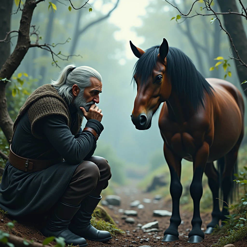 The horse complains to the witcher about its difficult fate. The witcher listens to her attentively, holding his chin in his hand.