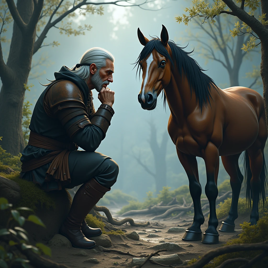 The horse complains to the witcher about its difficult fate. The witcher listens to her attentively, holding his chin in his hand.