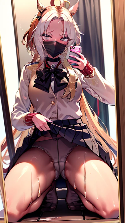 symbolirudolf,masterpiece, best quality, high quality, ultra detailed, extremely detailed, ultra-high res, best aesthetic, 8k), (beautiful detailed 5fingers: 1.2), (ultra-detailed face), nsfw, 1girl, (squatting on floor: 1.3), spread legs, ((((skirts lift,)))) ((captures a mirror selfie: 1.4)), ((black mouth mask: 1.2)), Break,, (pale skin: 1.2), parted lips, (nose blush), pink lips, ((drunk)), ((wet skin)), (ecstasy: 1.3), (fitting room),