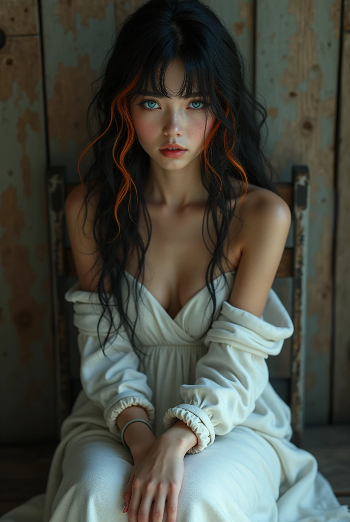 Create an image: a beautiful girl sitting on a chair with her legs and wrists tied, she has black hair, curly and long and some orange highlights,Her eyes are blue and she is wearing white clothes covering her entire body. She is in a wooden room.