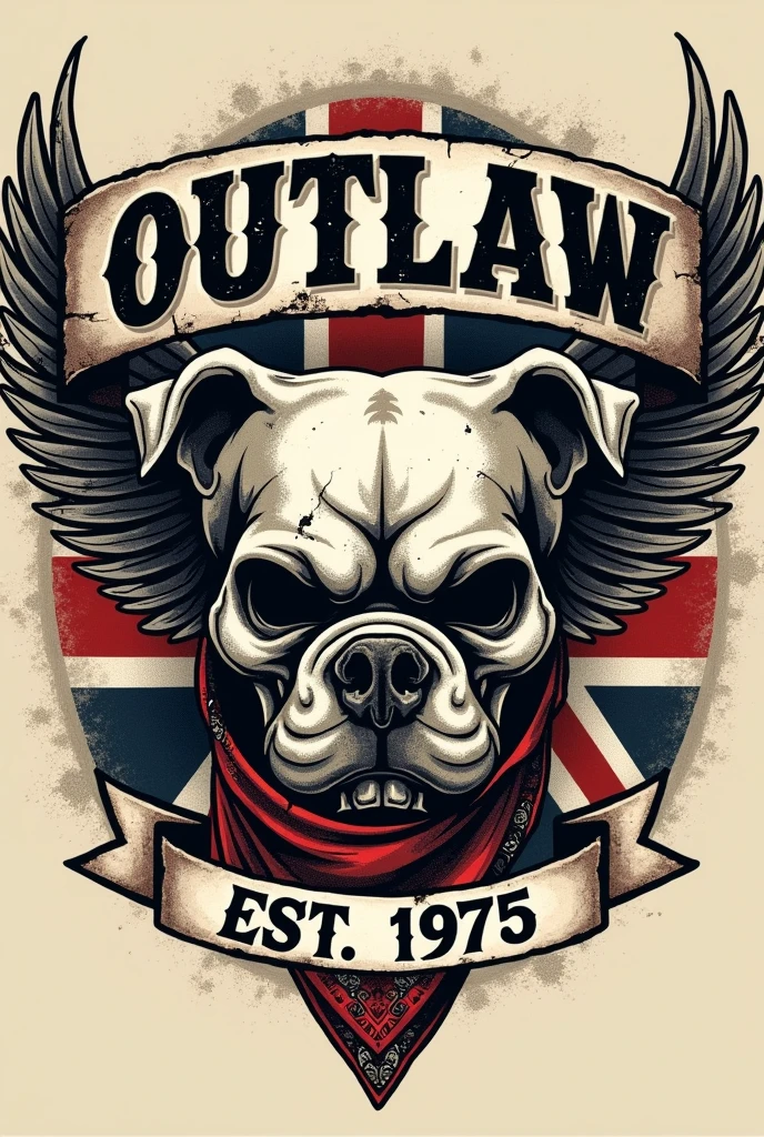 **T-Shirt Logo Design Prompt:**
Design a detailed and bold t-shirt logo in a tattoocore style with a vintage, rugged look. At the center of the design, place an intricately detailed skull of an angry British bulldog. The skull's jawline should be partially obscured by a tattered bandana adorned with a small, intricate paisley pattern, contributing to a rebellious, outlaw aesthetic. Behind the skull, depict a set of evil angel wings, detailed and slightly menacing.
The entire design should be framed within a distressed, vintage-style British flag starburst, which adds to the gritty, aged look. Above the skull, include a weathered, slightly curved banner with frayed edges that reads 'OUTLAW' in bold, capital letters. The lettering should be distressed to appear worn and rugged. Below the skull, mirror this with another upward-curving banner displaying 'est. 1975' in the same style.
Incorporate a grunge texture throughout the design, featuring cracked lines, faded areas, and uneven inking to emphasize a sense of age and wear. The overall aesthetic should resemble a classic biker emblem, with a hand-drawn, vintage tattoo art style. Add subtle shadowing to give the design depth and make it stand out, capturing a timeless, rebellious attitude. The final result should be a striking, memorable logo that embodies a rugged, outlaw spirit.