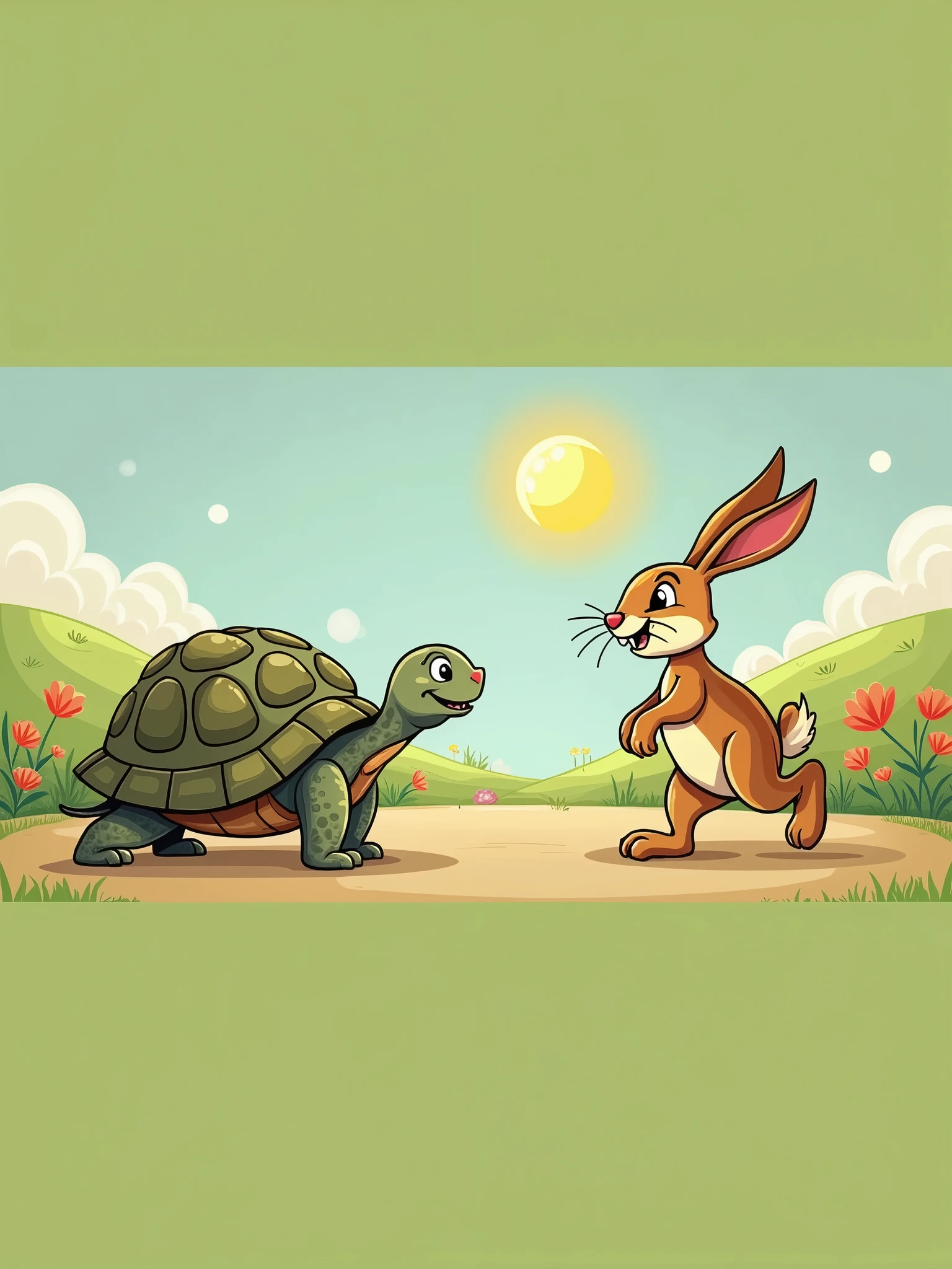 Hand drawn cute style, suitable for kindergarten children, the tortoise and the rabbit are standing at the starting line, ready to start