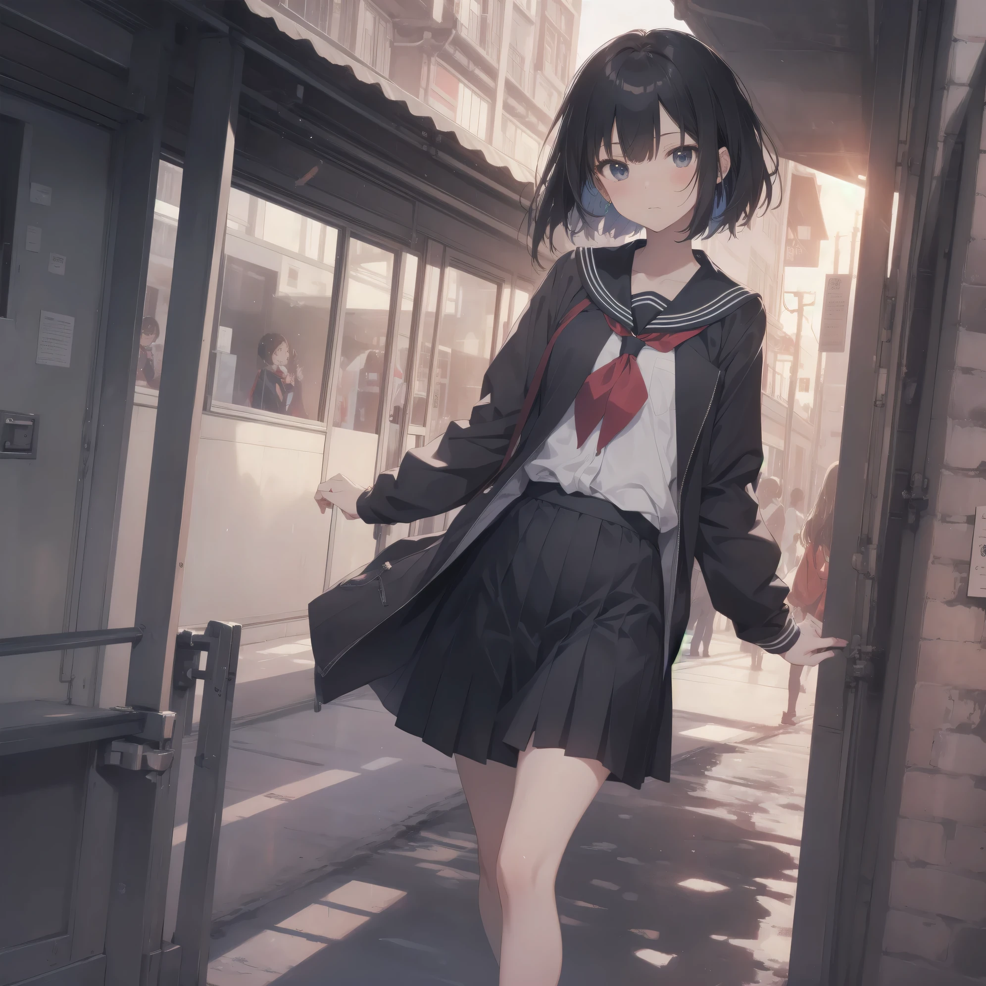 ultra-absurdres-Top quality by artist God, ultra-detailed, high resolution, anime moe artstyle, best anime 8k konachan wallpaper, pixiv contest winner, pool:2810, perfect anatomy,break, 1girl, (Please draw a girl walking sleepily to school alone. )break,(Solo,little female,****:1.3),Full limbs, complete fingers,a junior high school student, (very short hair), short cut, flat chest, , small butt, small black eyes, beautiful detailed eyes, well-proportioned iris and pupils, expressive eyes, highres detailed hair, soft expression, salor school_uniform, sailor collar, serahuku, bow, pleated skirt,(Detailed Lighting), (Detailed background), in the School commute route. break,super detailed skin, Best cinematic lighting powered by famous artist, 8k,beauty illustration,photoshop_(medium),very aesthetic,break,((artist:mery_(yangmalgage) )), artist:clamp ,artist:carnelian ,artist:kantoku ,
