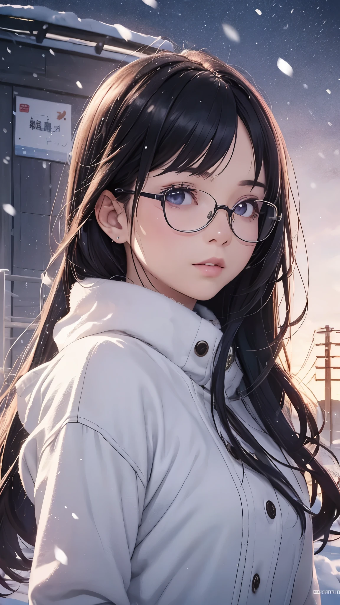 (Best Quality,4K,8K,hight resolution,masutepiece:1.2), Ultra-detailed, (Realistic,photoRealistic,photo-Realistic:1.37), ((snow scenery2.0)),Glasses Girl,disconcerted,((Black hair)),((Long hair)),Japan uniform,muffler,high socks, pumps,Beautiful detailed eyes, Beautiful detailed lips, extremely detailed eye and face, long eyelashes, Realistic anime 3D style, Smooth Anime CG Art, Digital rendering by Makoto Shinkai, Moe Anime Art Style, photoRealistic rendering of an anime girl, Shinkai Makoto style, Cute anime girl visuals, Realistic young anime girl, girl fan art, Created by Anime Artist'studio of.