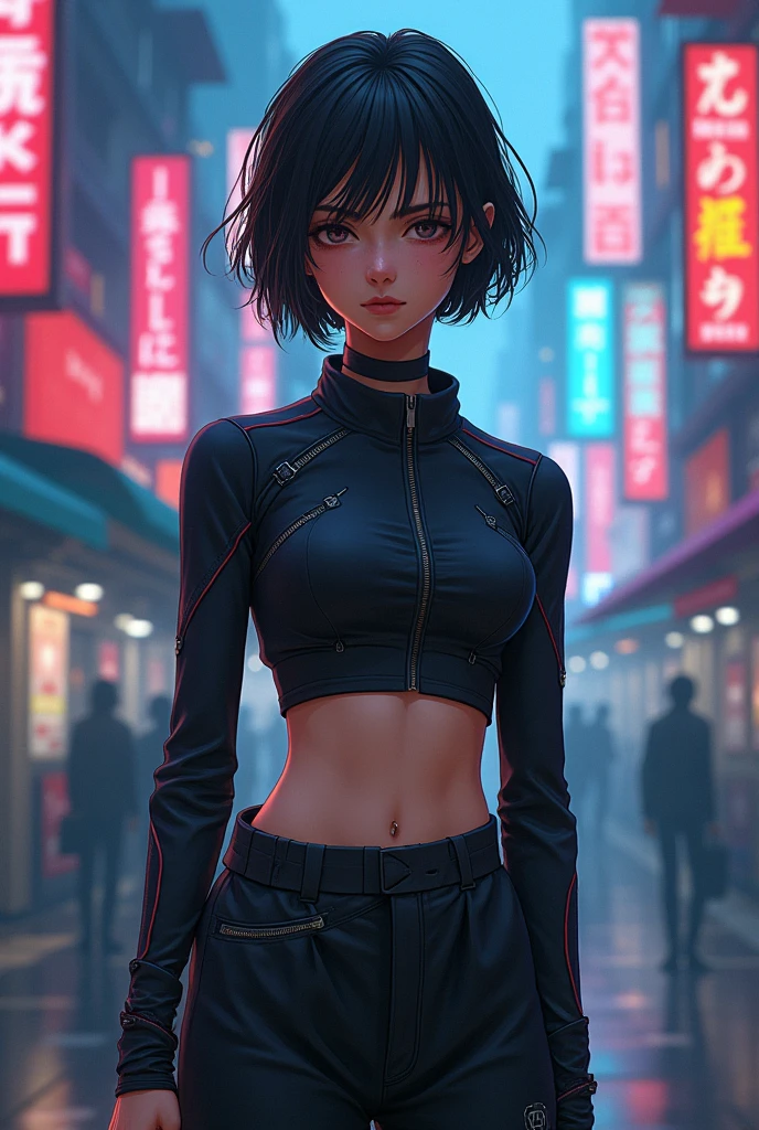 (anime style) thin gay indian young man in cropped long sleeve cyberpunk top and baggy pants